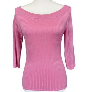 SMF Pink Ribbed Knit Top‎ Sparkle Lurex 3/4 Sleeve Off Shoulder Sweater